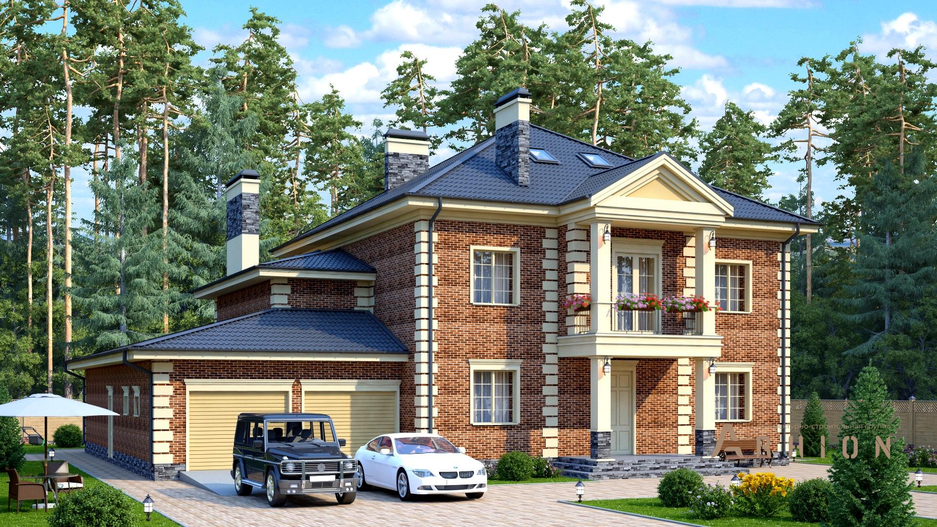 1. Проект двухэтажного дома в английском стиле с многоскатной кровлей, s-452, площадью - 360 кв c мансардой, терассой, балконом, гаражом, бассейном