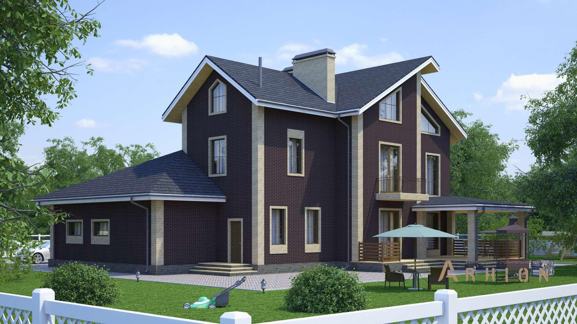 2. Проект двухэтажного дома в английском стиле с двускатной кровлей, s-480, площадью - 424 кв c мансардой, терассой, балконом, гаражом, эркером