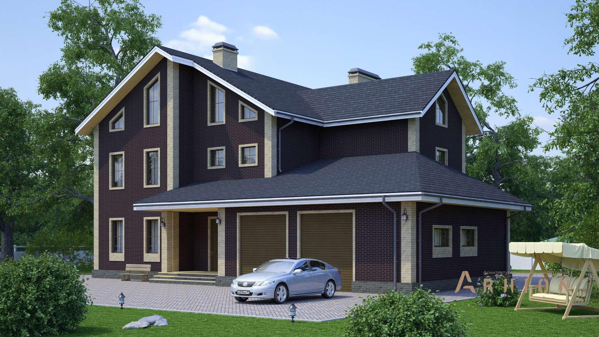 3. Проект двухэтажного дома в английском стиле с двускатной кровлей, s-480, площадью - 424 кв c мансардой, терассой, балконом, гаражом, эркером