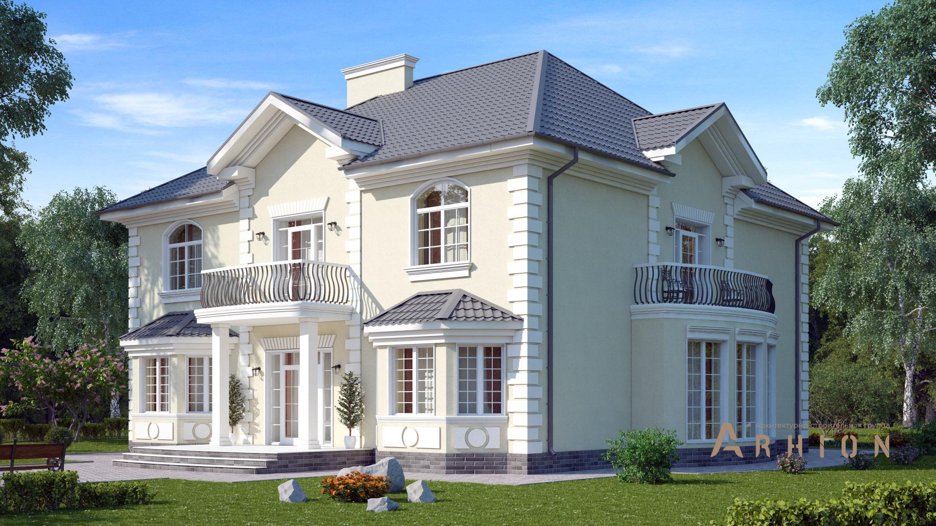 3. Проект двухэтажного дома в английском стиле с многоскатной кровлей, s-498, площадью - 473 кв c цокольным этажом, сауной, терассой, балконом, гаражом, эркером