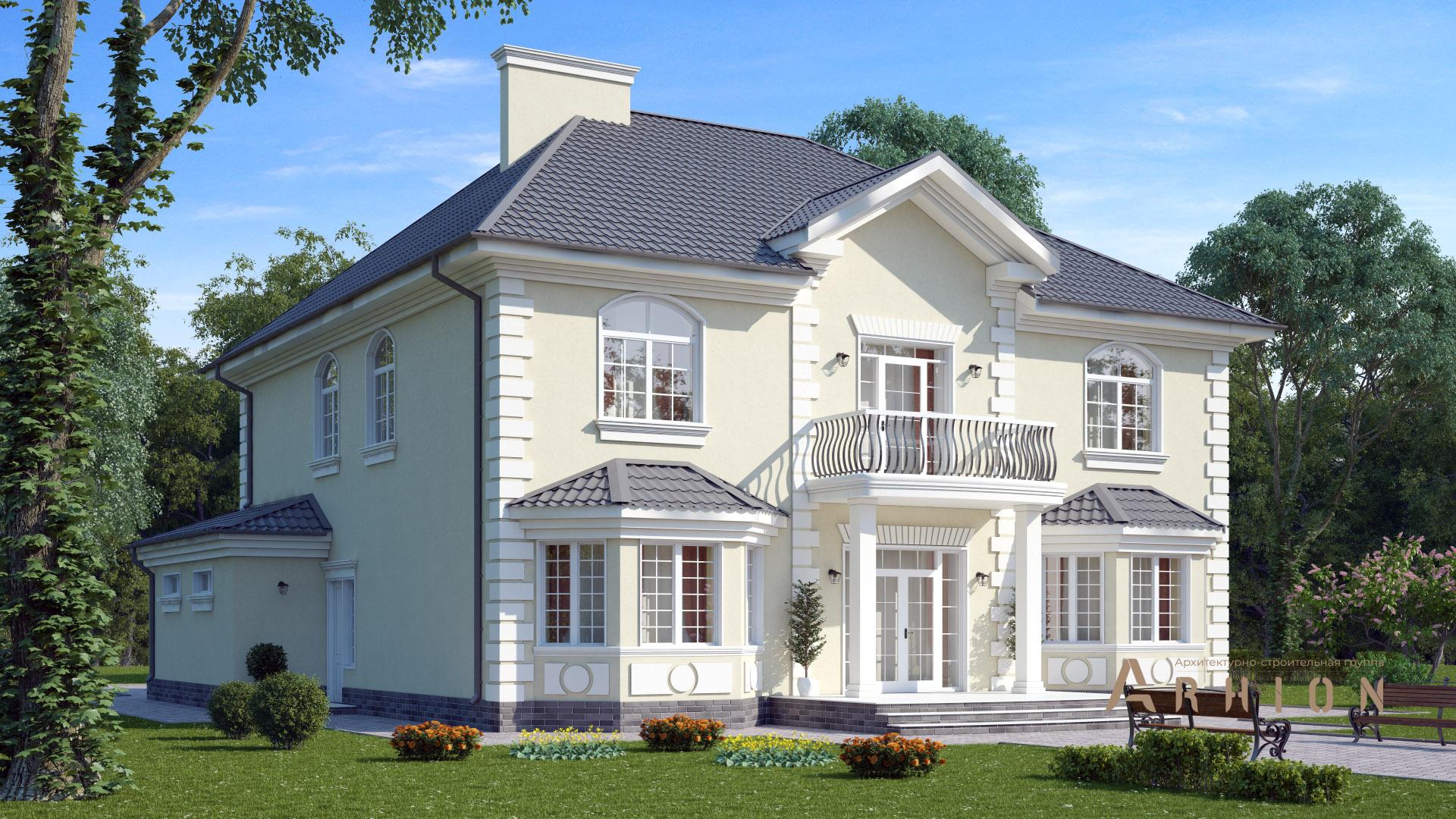 2. Проект двухэтажного дома в английском стиле с многоскатной кровлей, s-498, площадью - 473 кв c цокольным этажом, сауной, терассой, балконом, гаражом, эркером