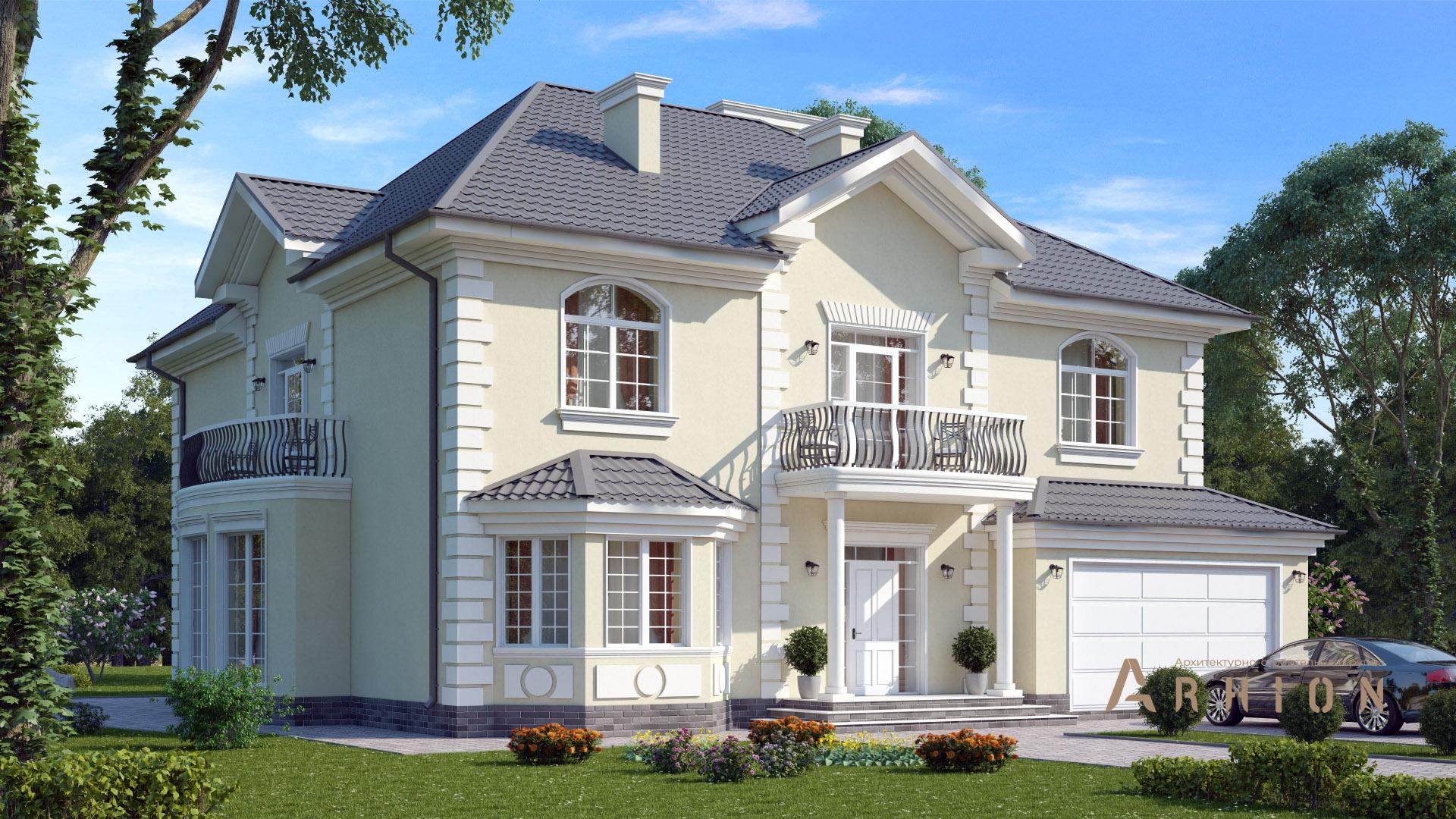 1. Проект двухэтажного дома в английском стиле с многоскатной кровлей, s-498, площадью - 473 кв c цокольным этажом, сауной, терассой, балконом, гаражом, эркером