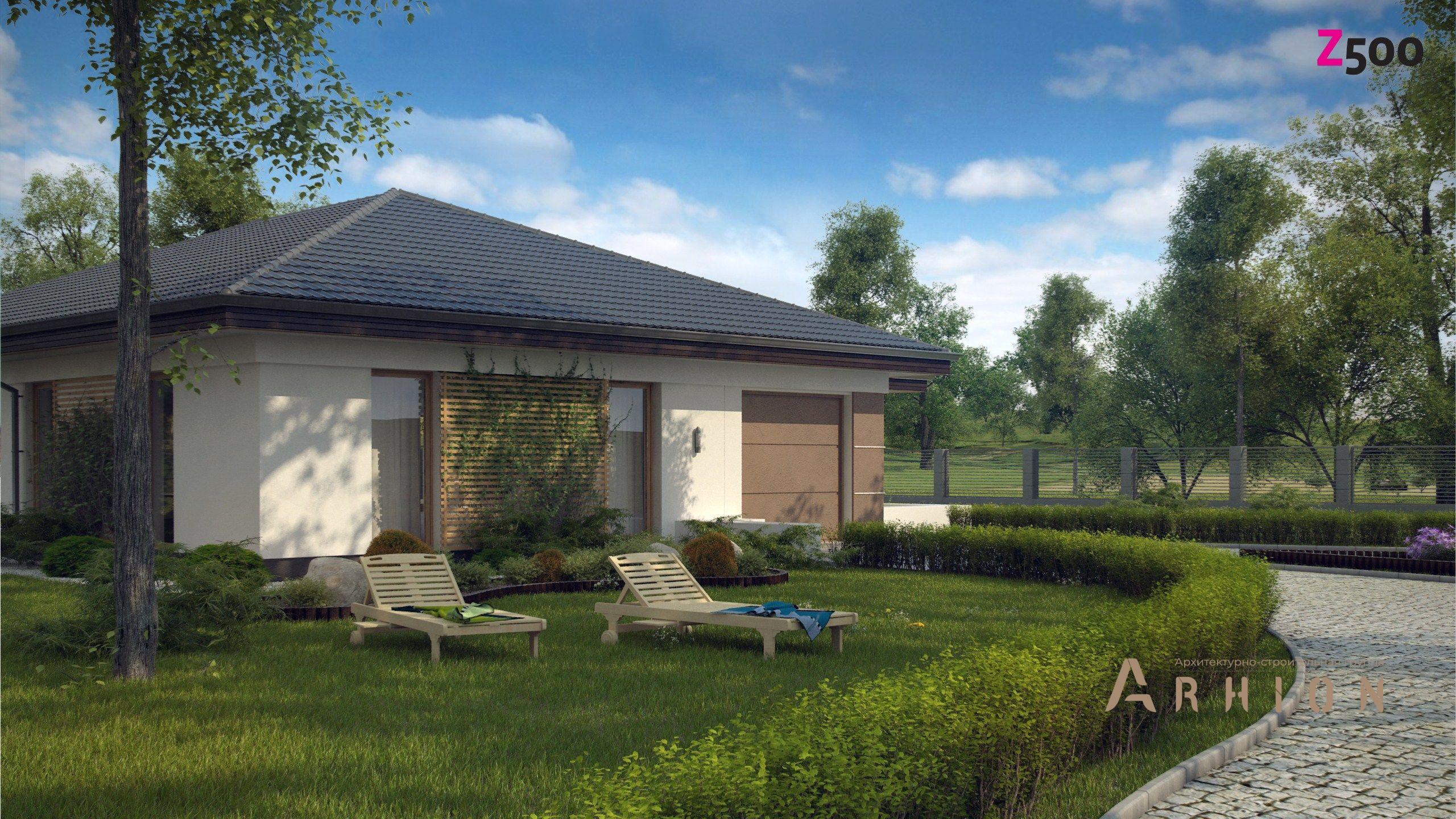 4. Проект одноэтажного дома в стиле Ллойда Райта (прерий) с четырехскатной, s3-185, площадью - 185 кв c терассой, гаражом