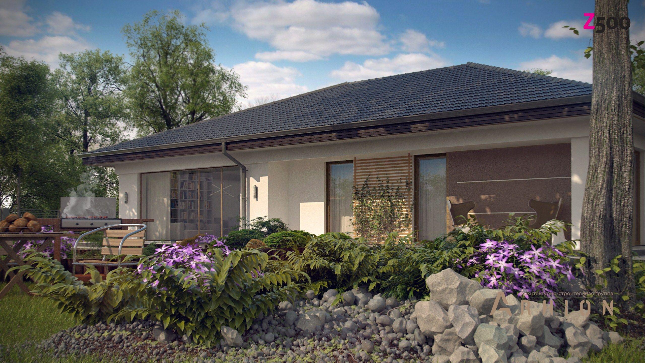 2. Проект одноэтажного дома в стиле Ллойда Райта (прерий) с четырехскатной, s3-185, площадью - 185 кв c терассой, гаражом