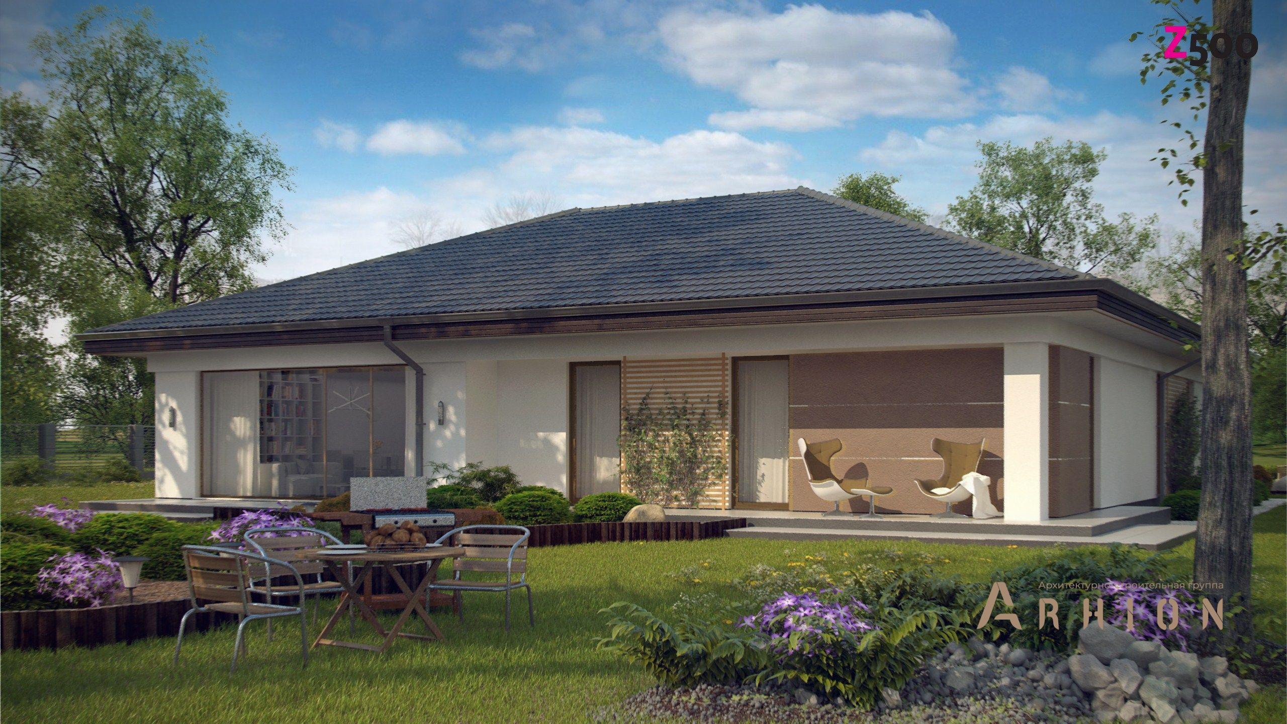 1. Проект одноэтажного дома в стиле Ллойда Райта (прерий) с четырехскатной, s3-185, площадью - 185 кв c терассой, гаражом