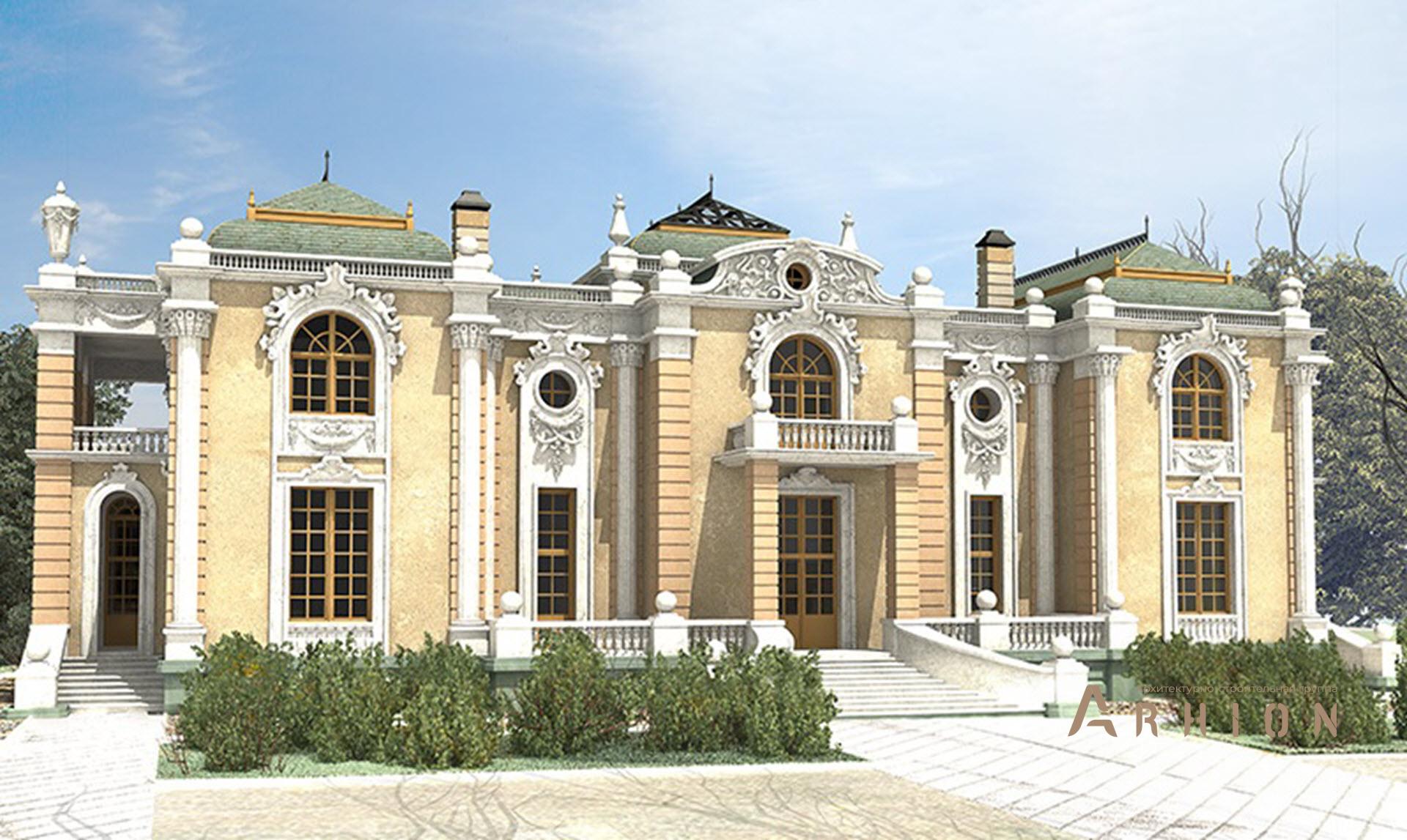 1. Проект двухэтажного дома в дворцовом стиле с многоскатной кровлей, SOV-1, площадью - 1082 кв c цокольным этажом, сауной, балконом, бассейном, вторым светом