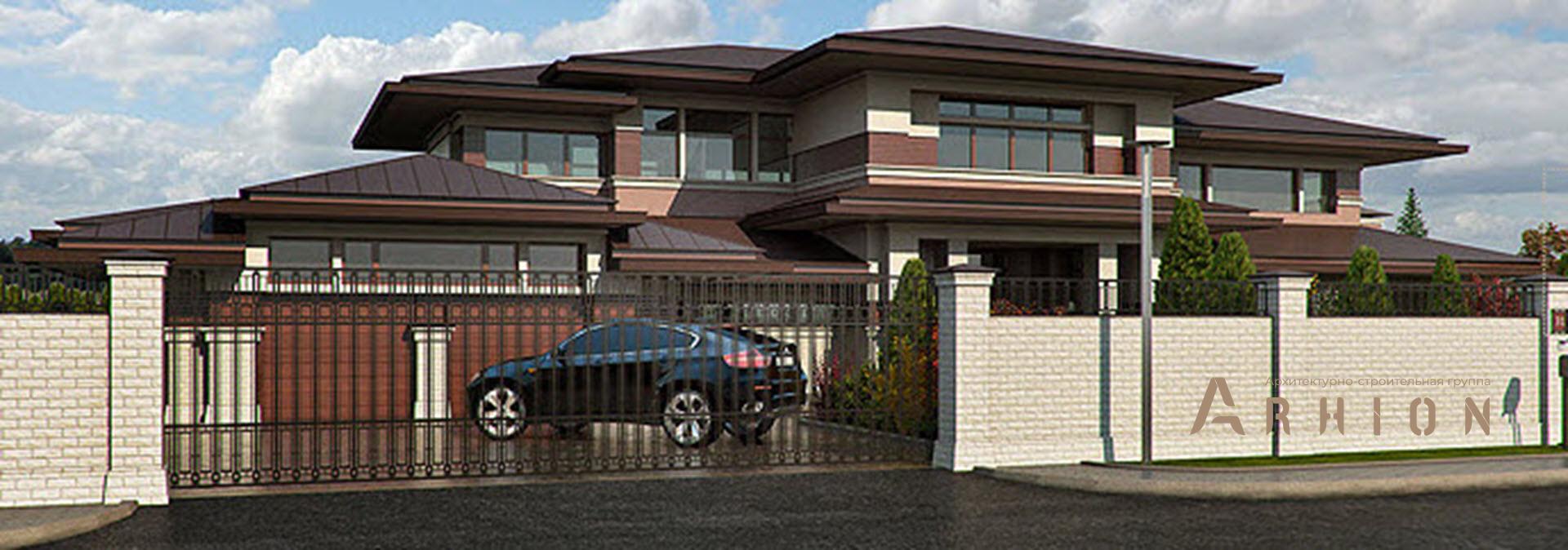 1. Проект двухэтажного дома в стиле Ллойда Райта (прерий) с многоскатной кровлей, SOV-10, площадью - 635 кв c терассой, гаражом, вторым светом