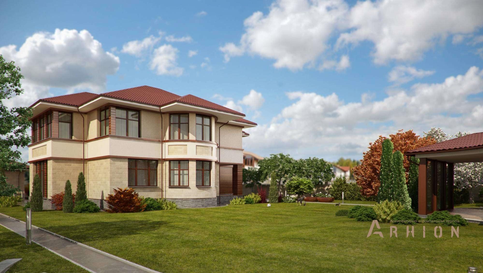 1. Проект двухэтажного дома в современном стиле с многоскатной кровлей, SOV-13, площадью - 409 кв c терассой, эркером