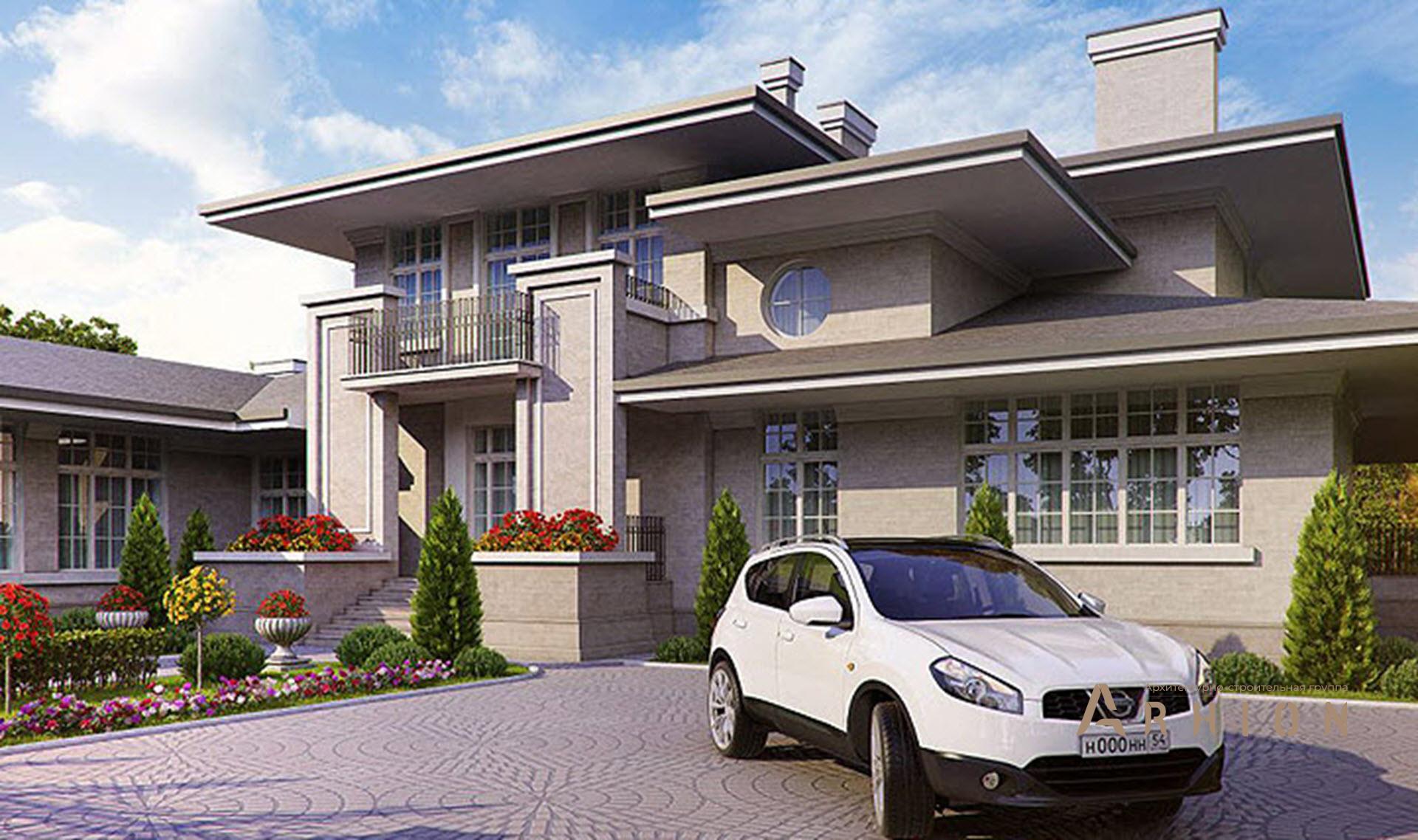 1. Проект двухэтажного дома в стиле Ллойда Райта (прерий) с многоскатной кровлей, SOV-14, площадью - 568 кв c терассой, балконом, бассейном, эркером, вторым светом