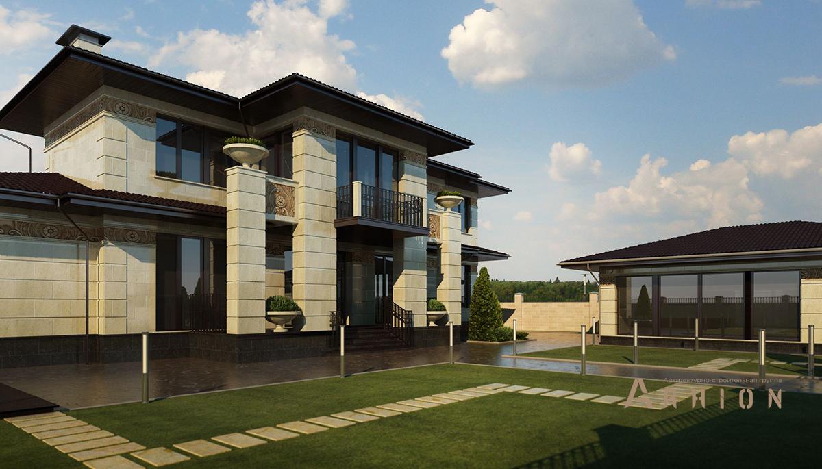 1. Проект двухэтажного дома в стиле Ллойда Райта (прерий) с четырехскатной, SOV-16, площадью - 371 кв c сауной, балконом, вторым светом