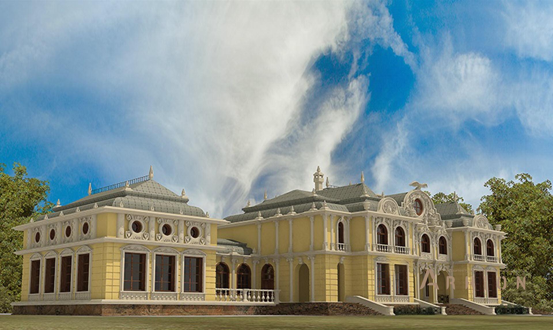 1. Проект двухэтажного дома в стиле барокко с многоскатной кровлей, SOV-19, площадью - 1896 кв c цокольным этажом, сауной, бассейном, эркером, вторым светом