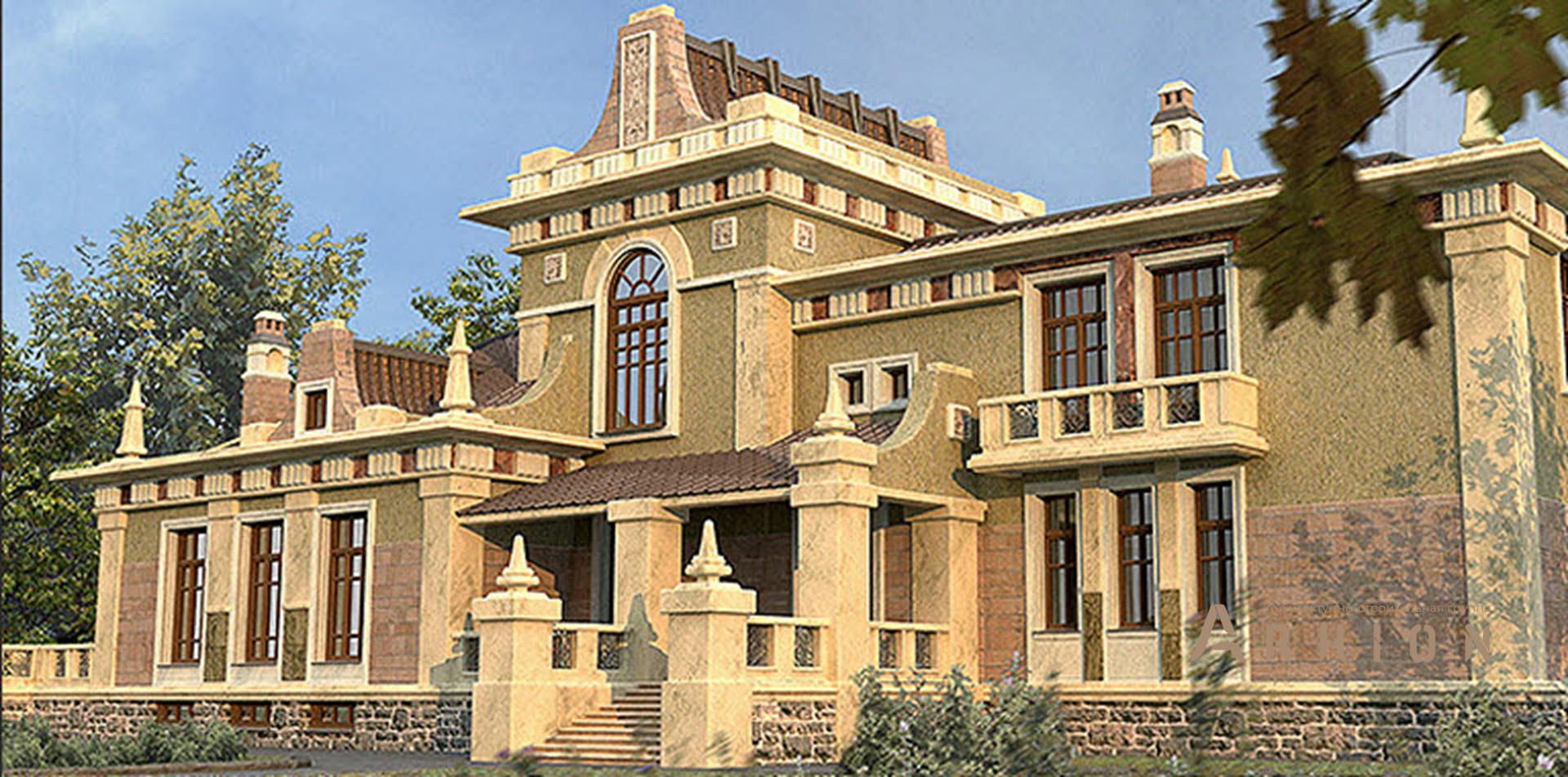 1. Проект двухэтажного дома в замковом стиле с многоскатной кровлей, SOV-2, площадью - 921 кв c цокольным этажом, терассой, балконом