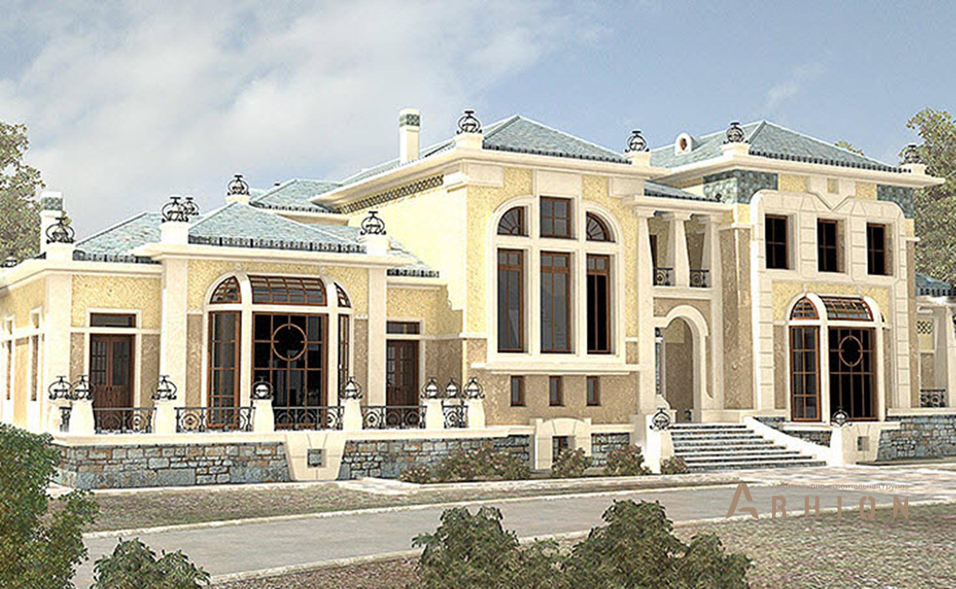 1. Проект двухэтажного дома в классическом стиле с многоскатной кровлей, SOV-3, площадью - 1082 кв c цокольным этажом, сауной, балконом, эркером