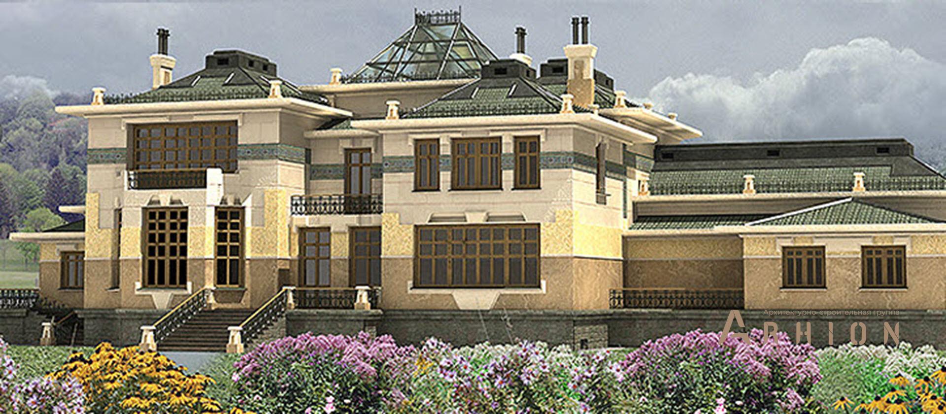 1. Проект двухэтажного дома в дворцовом стиле с многоскатной кровлей, SOV-4, площадью - 1040 кв c цокольным этажом, сауной, балконом, бассейном, эркером