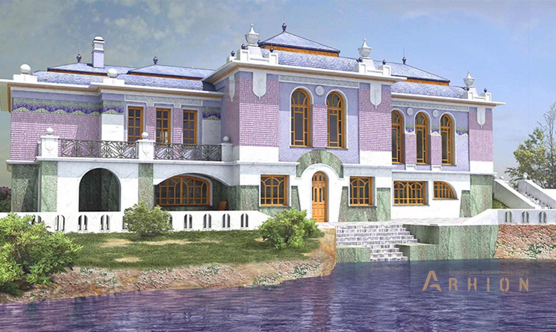 1. Проект двухэтажного дома в дворцовом стиле с многоскатной кровлей, SOV-5, площадью - 797 кв c цокольным этажом, сауной, терассой, бассейном