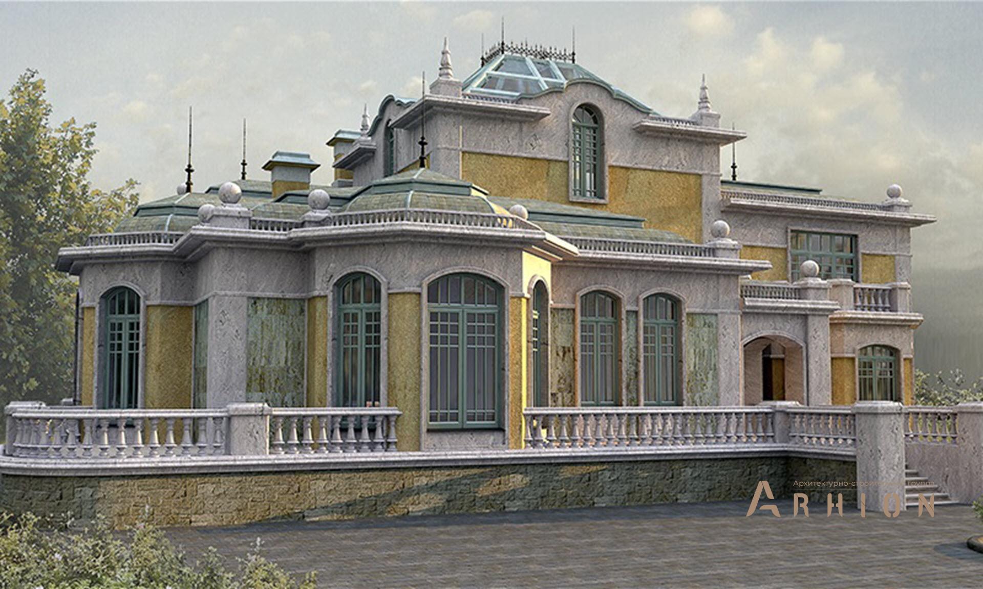 1. Проект двухэтажного дома в дворцовом стиле с многоскатной кровлей, SOV-7, площадью - 1141 кв c цокольным этажом, терассой, балконом, эркером