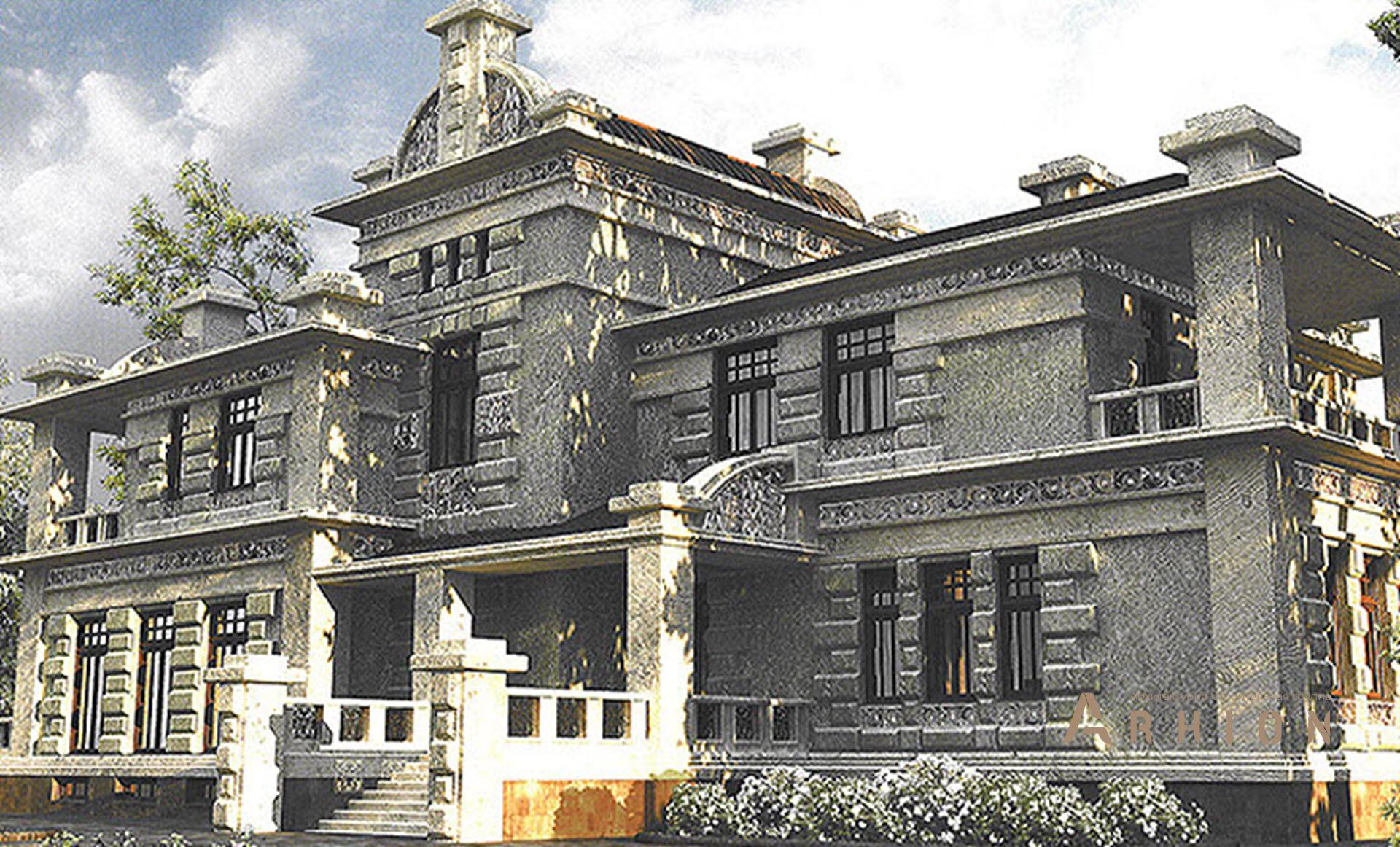 1. Проект двухэтажного дома в замковом стиле с многоскатной кровлей, SOV-8, площадью - 1141 кв c цокольным этажом, терассой, балконом