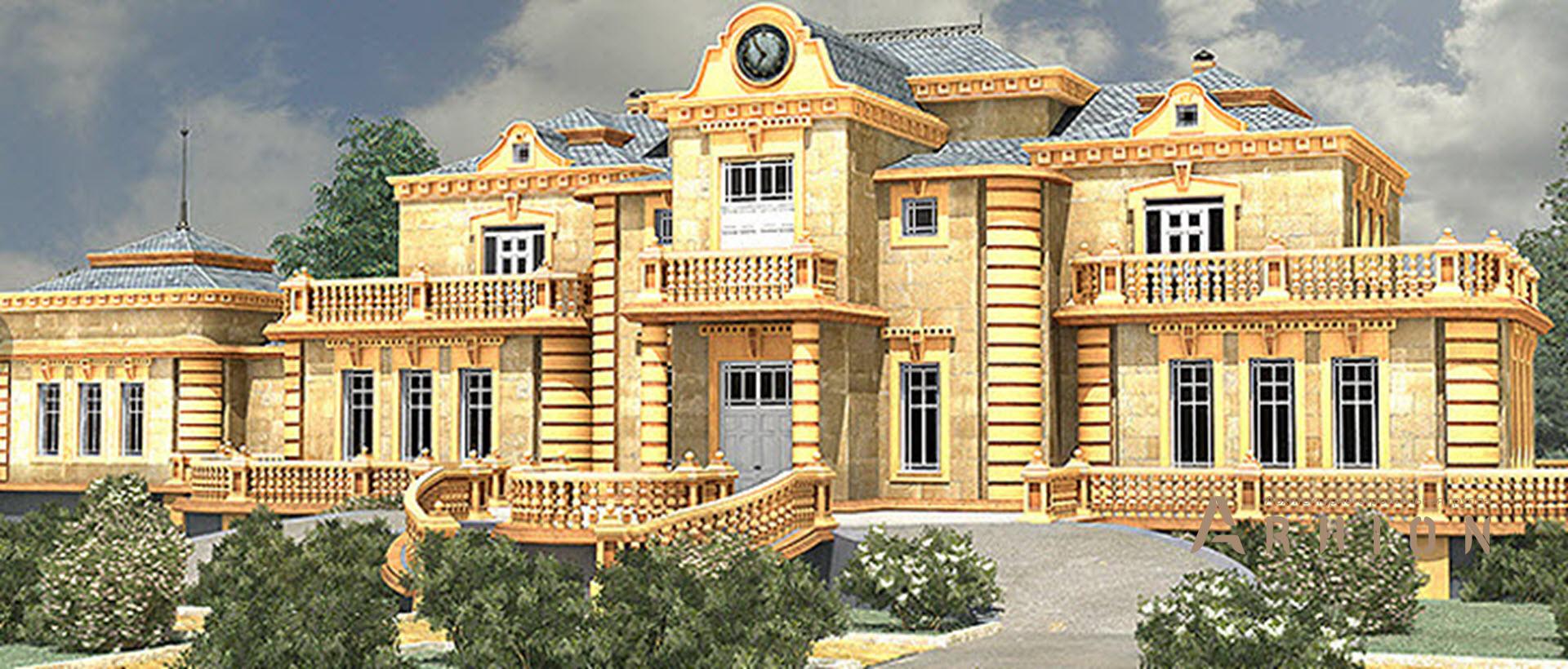 1. Проект двухэтажного дома в замковом стиле с многоскатной кровлей, SOV-9, площадью - 959 кв c цокольным этажом, сауной, терассой, балконом