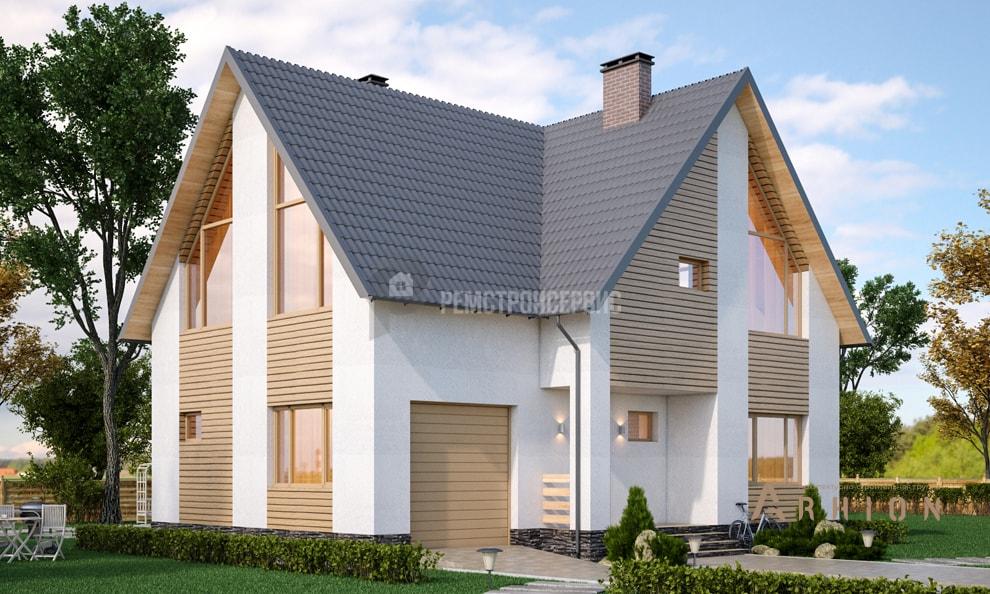 1. Проект одноэтажного дома в европейском стиле с многоскатной кровлей, t-02-01, площадью - 151 кв c мансардой, терассой, балконом, гаражом