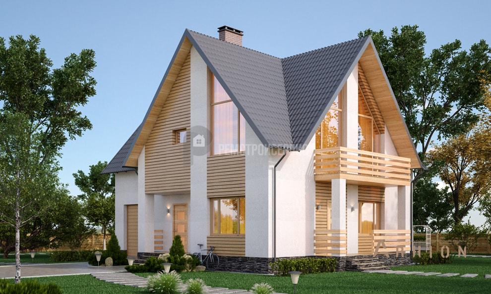 3. Проект одноэтажного дома в европейском стиле с многоскатной кровлей, t-02-01, площадью - 151 кв c мансардой, терассой, балконом, гаражом