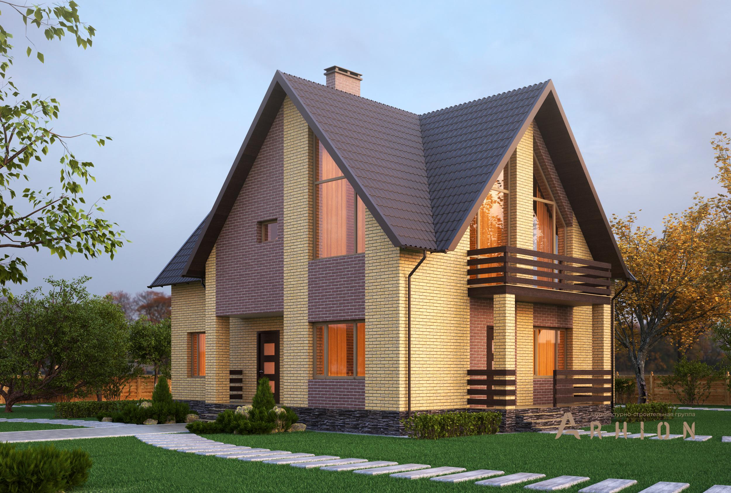 1. Проект одноэтажного дома в скандинавском стиле с четырехскатной, T-02, площадью - 173 кв c мансардой, терассой, балконом