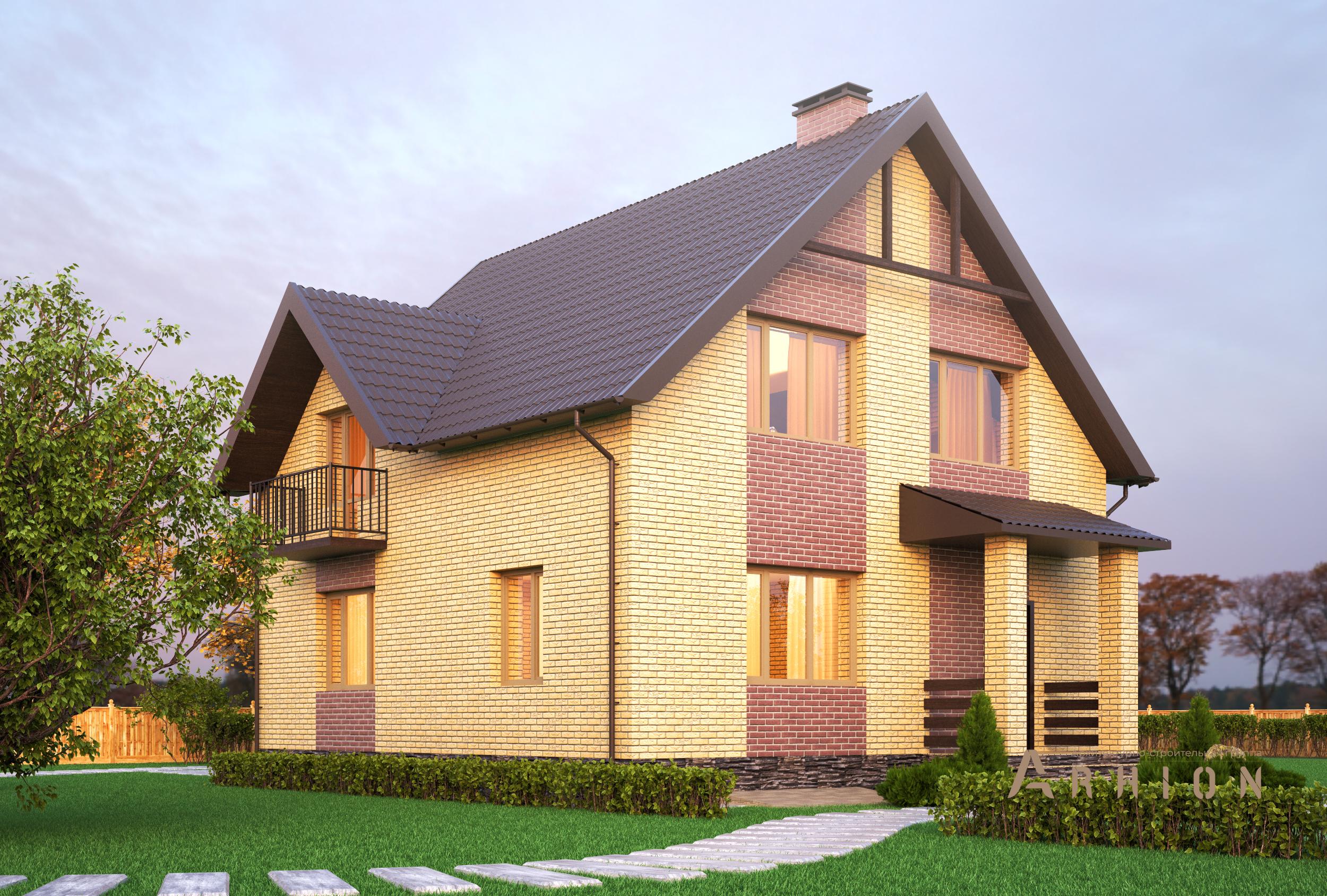 2. Проект одноэтажного дома в канадском стиле с двускатной кровлей, T-03, площадью - 131 кв c мансардой, балконом