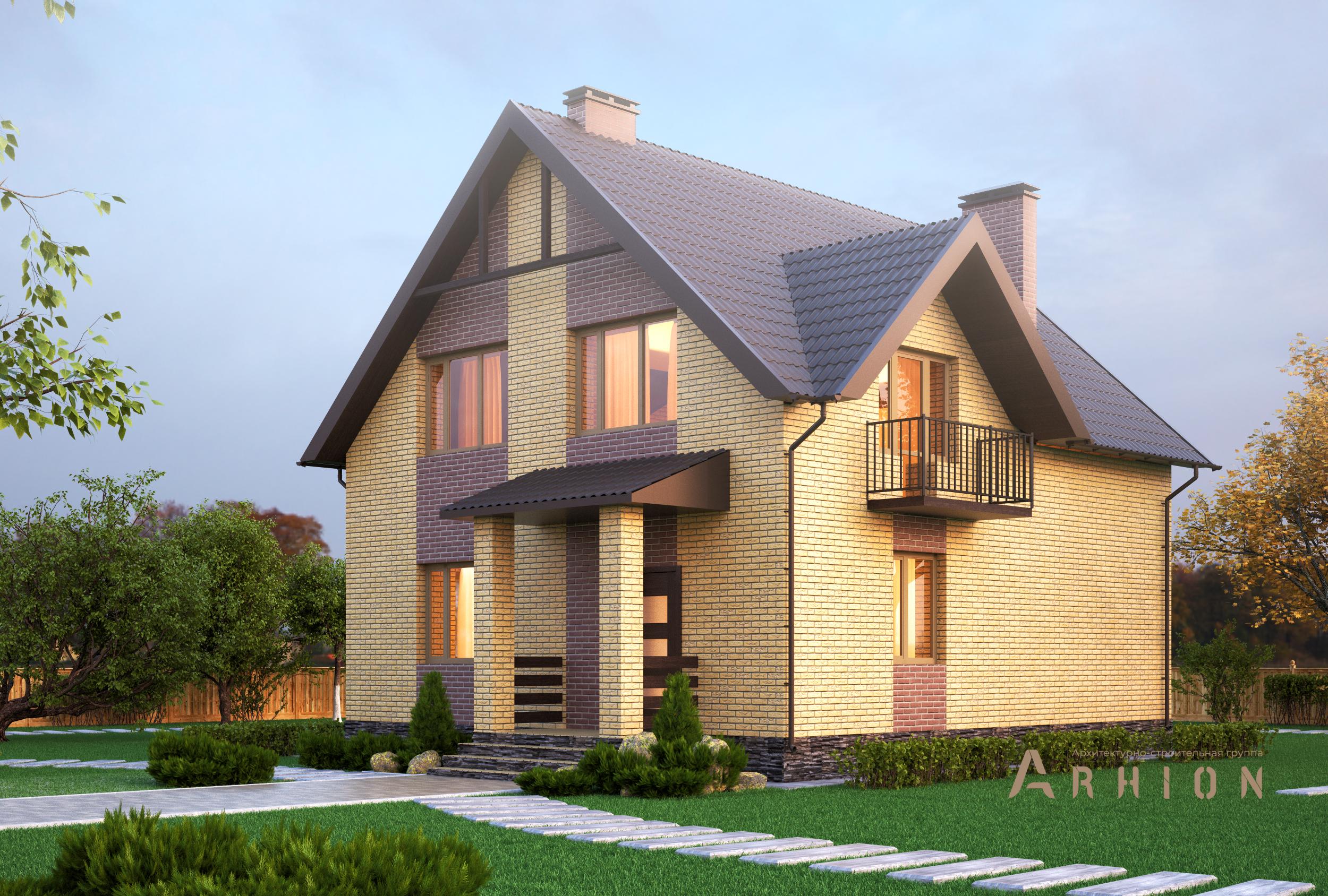 1. Проект одноэтажного дома в канадском стиле с двускатной кровлей, T-03, площадью - 131 кв c мансардой, балконом