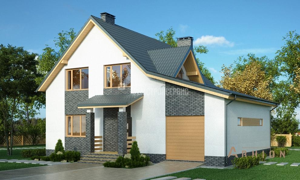 1. Проект одноэтажного дома в немецком стиле с двускатной кровлей, t-04-02, площадью - 144 кв c мансардой, балконом, гаражом