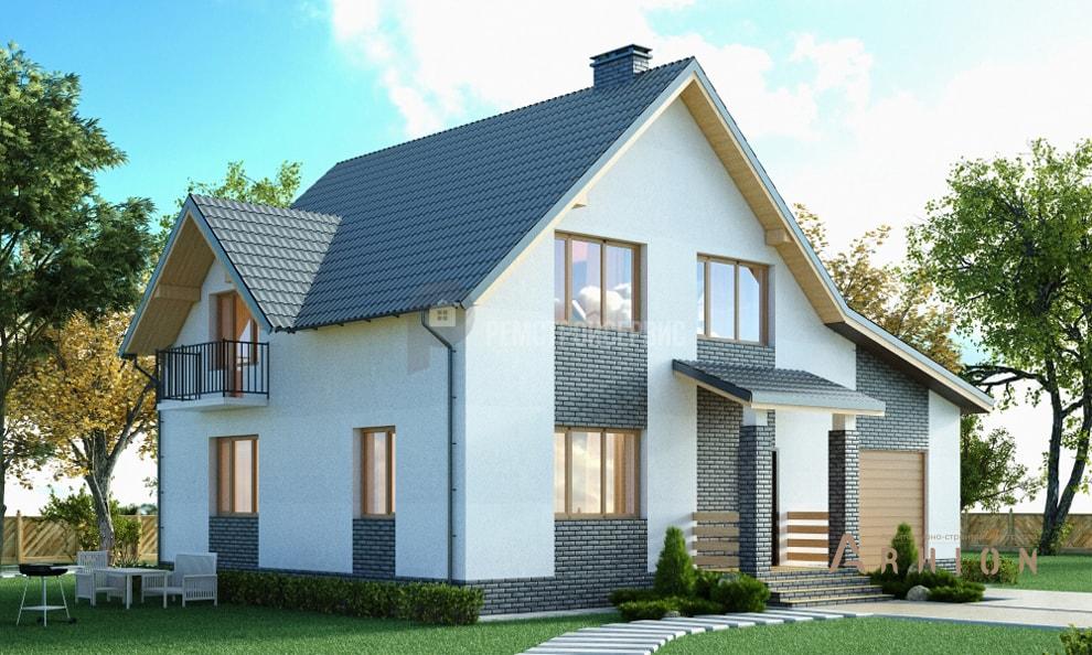 2. Проект одноэтажного дома в немецком стиле с двускатной кровлей, t-04-02, площадью - 144 кв c мансардой, балконом, гаражом