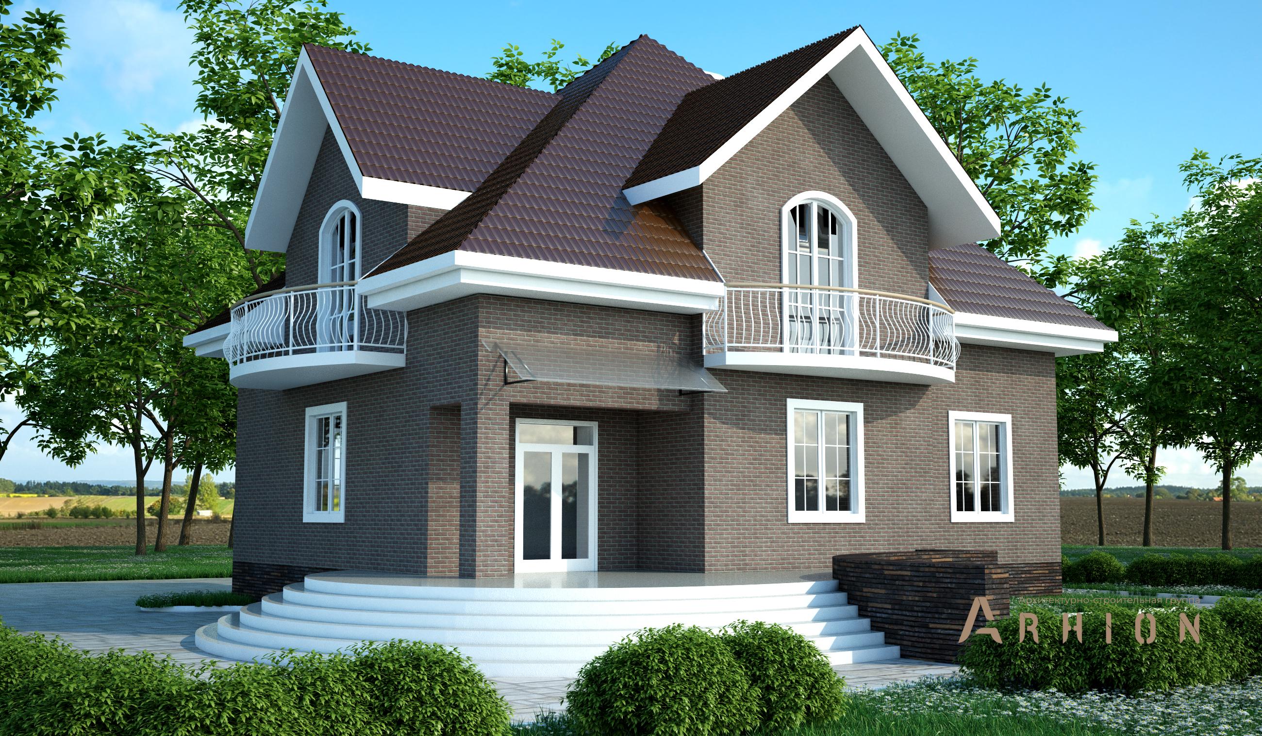 1. Проект одноэтажного дома в скандинавском стиле с многоскатной кровлей, T-05, площадью - 303 кв c цокольным этажом, мансардой, терассой, балконом, эркером