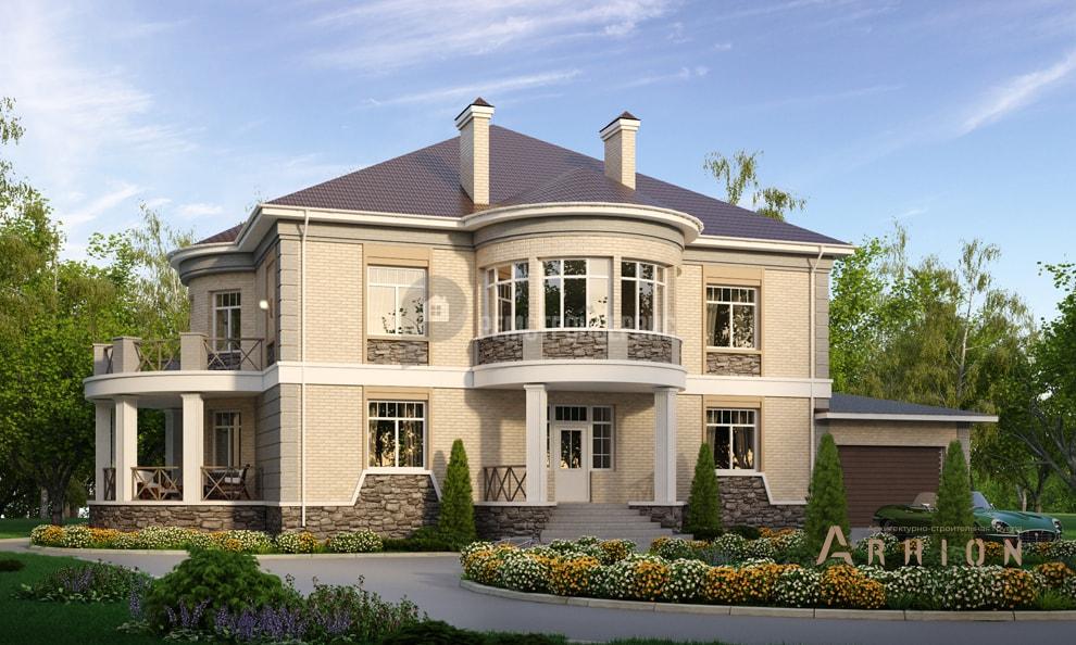 1. Проект двухэтажного дома в классическом стиле с четырехскатной, t-06-01, площадью - 419 кв c цокольным этажом, терассой, балконом, гаражом, эркером