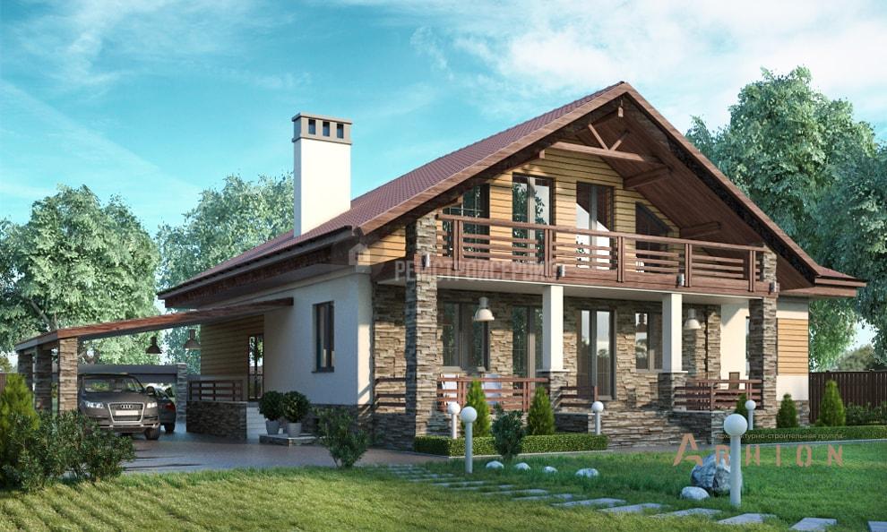 1. Проект одноэтажного дома в стиле шале с многоскатной кровлей, t-10-01, площадью - 419 кв c цокольным этажом, мансардой, сауной, терассой, балконом, гаражом