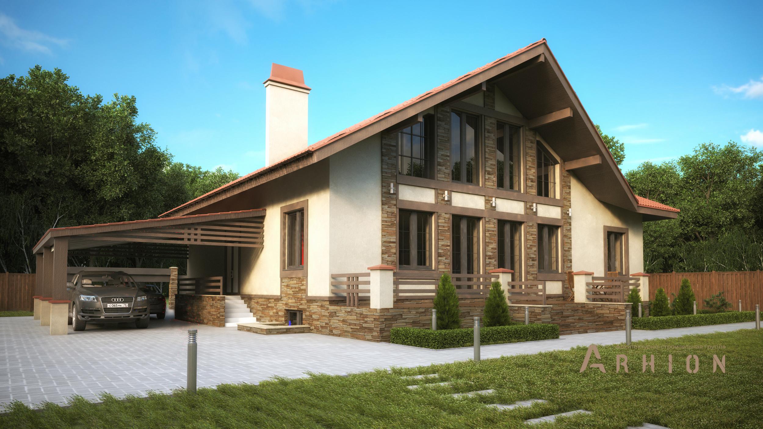 1. Проект одноэтажного дома в стиле шале с двускатной кровлей, T-11, площадью - 527 кв c цокольным этажом, мансардой, сауной, терассой