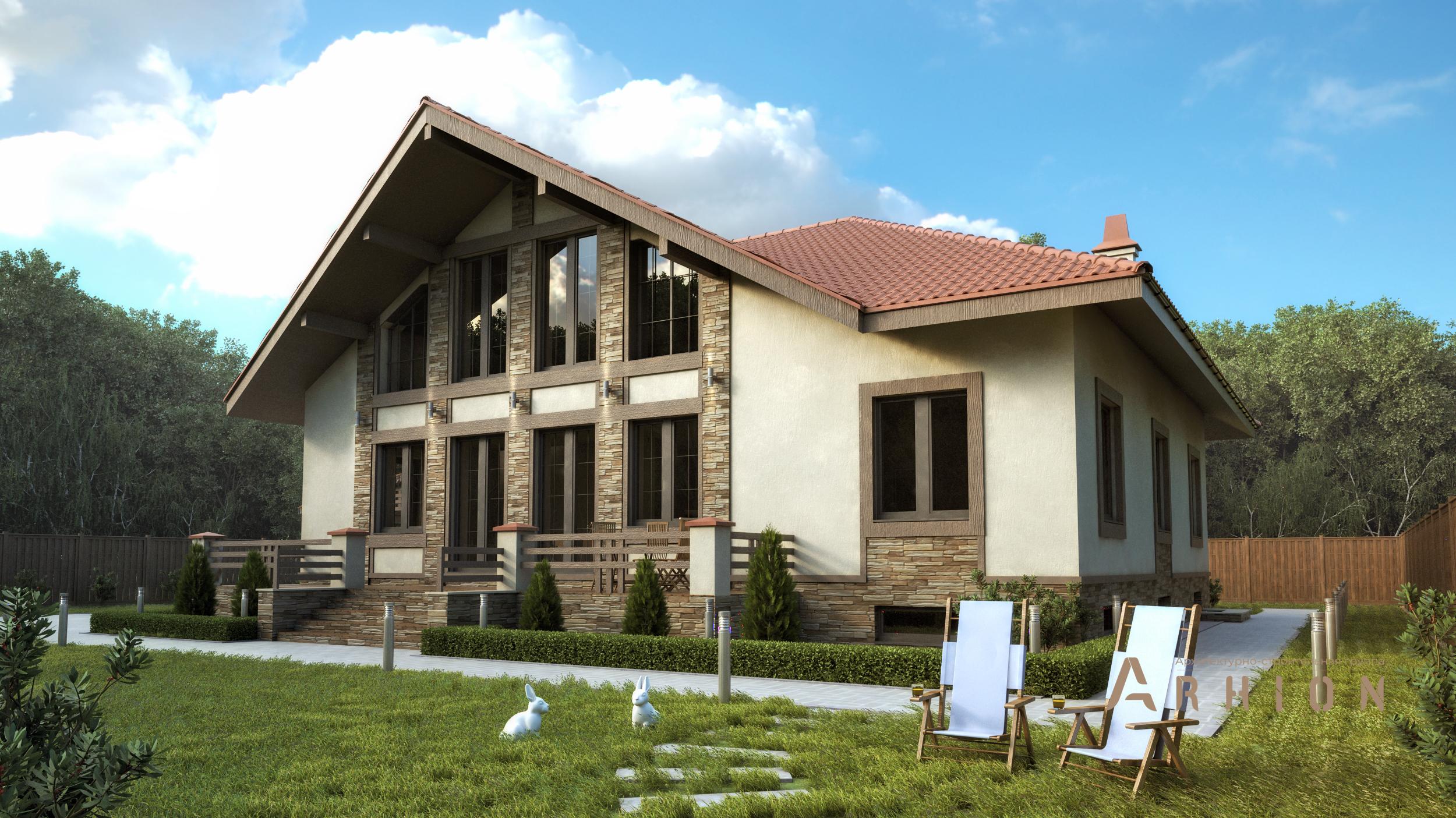 2. Проект одноэтажного дома в стиле шале с двускатной кровлей, T-11, площадью - 527 кв c цокольным этажом, мансардой, сауной, терассой