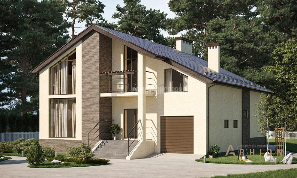 1. Проект одноэтажного дома в стиле шале с двускатной кровлей, t-13-01, площадью - 370 кв c цокольным этажом, мансардой, терассой, балконом