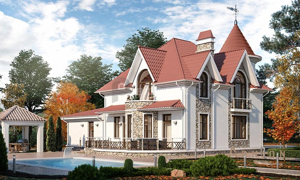 1. Проект одноэтажного дома в викторианском стиле с многоскатной кровлей, t-14-01, площадью - 210 кв c мансардой, терассой, балконом, гаражом, эркером