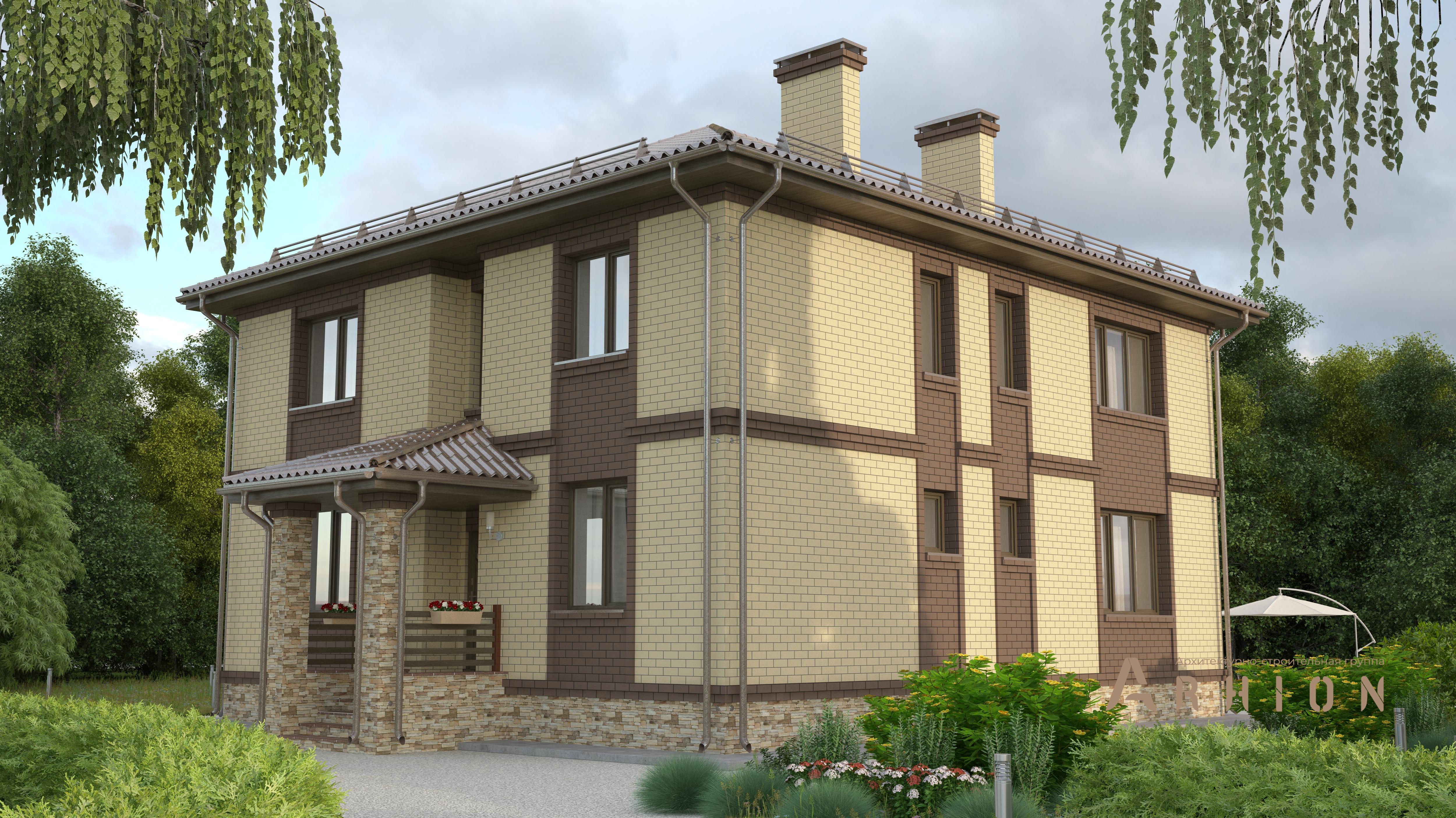 2. Проект двухэтажного дома в современном стиле с четырехскатной, T-17, площадью - 196 кв c терассой, эркером