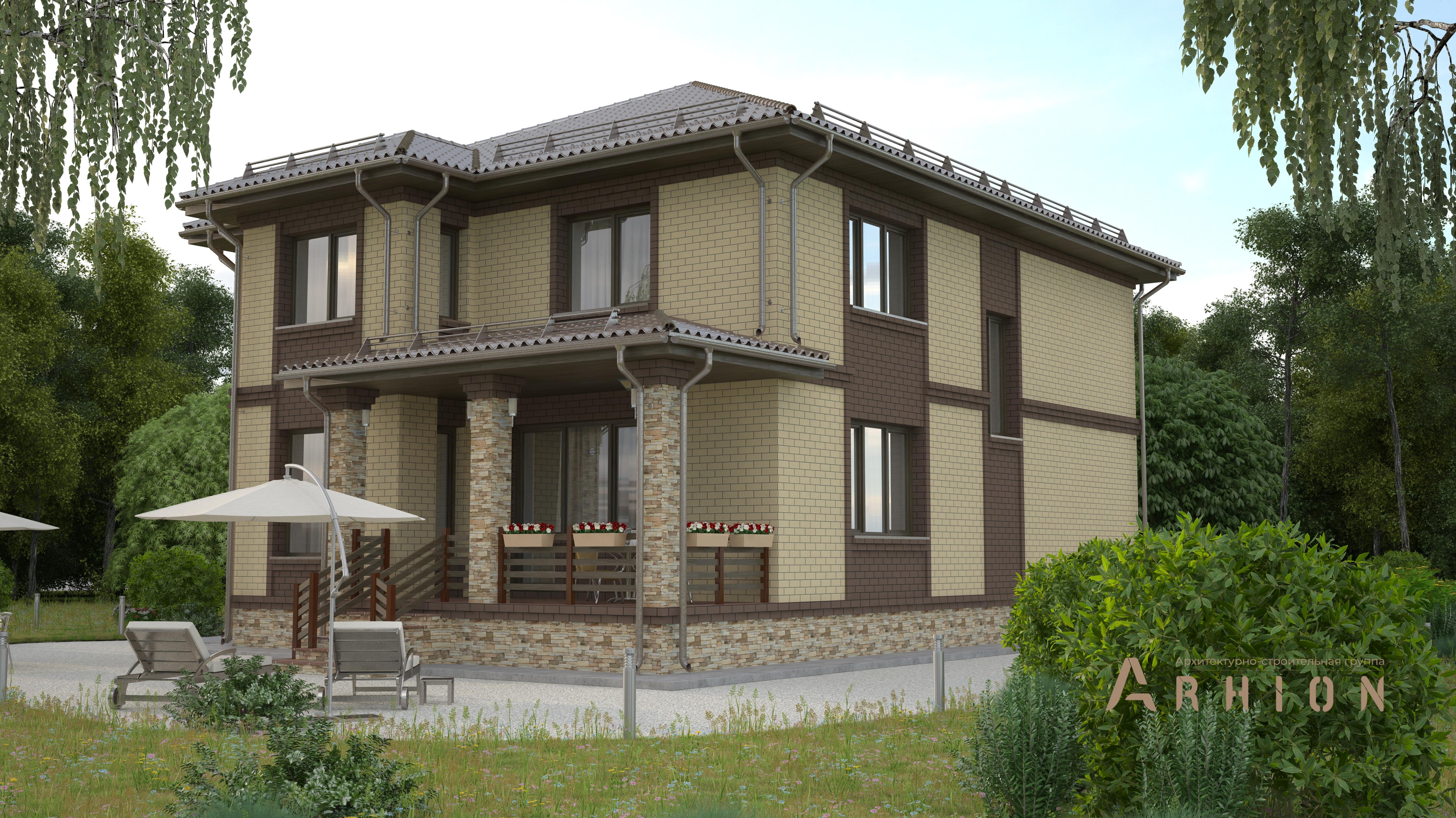 1. Проект двухэтажного дома в современном стиле с четырехскатной, T-17, площадью - 196 кв c терассой, эркером