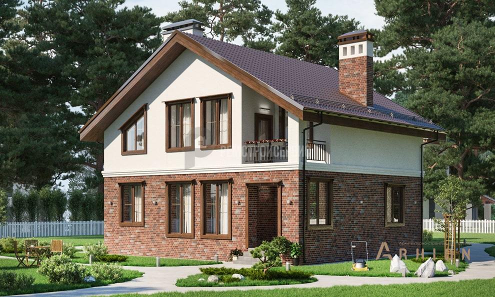 1. Проект одноэтажного дома в стиле шале с двускатной кровлей, t-18-01, площадью - 151 кв c мансардой, терассой, балконом