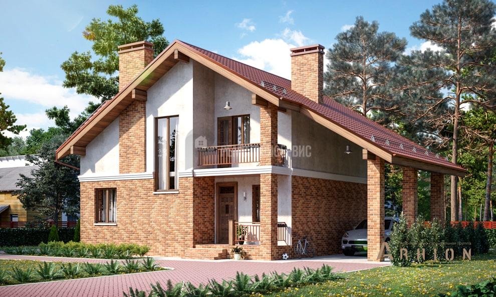 1. Проект одноэтажного дома в стиле шале с двускатной кровлей, t-20-01, площадью - 151 кв c мансардой, терассой, балконом, гаражом