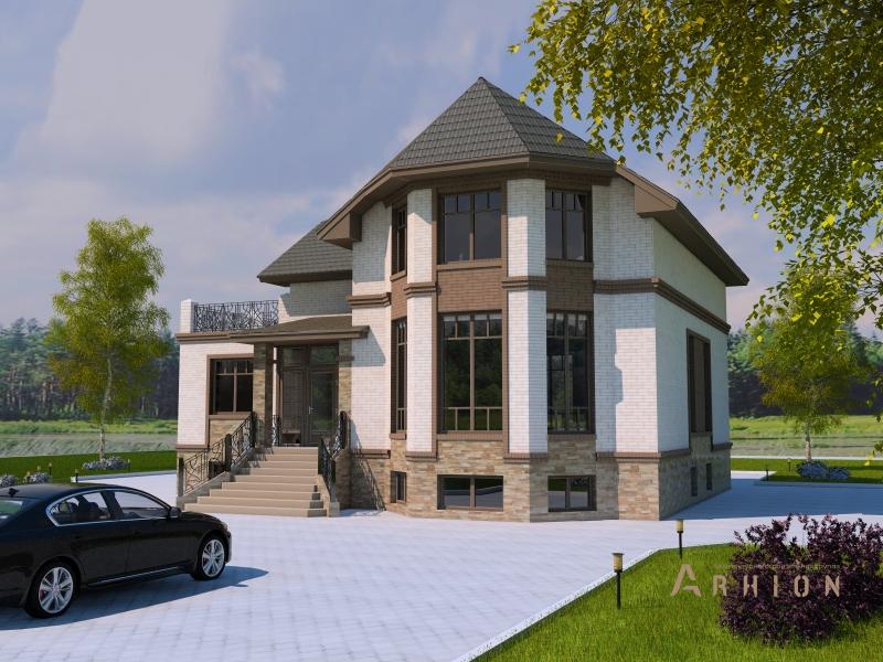 2. Проект одноэтажного дома в немецком стиле с многоскатной кровлей, T-20, площадью - 371 кв c цокольным этажом, мансардой, терассой, балконом, эркером