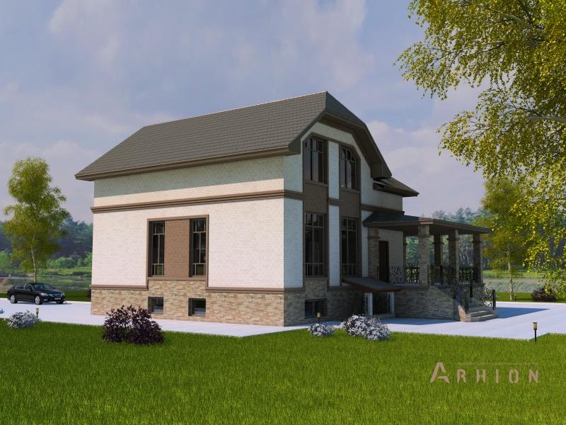 3. Проект одноэтажного дома в немецком стиле с многоскатной кровлей, T-20, площадью - 371 кв c цокольным этажом, мансардой, терассой, балконом, эркером