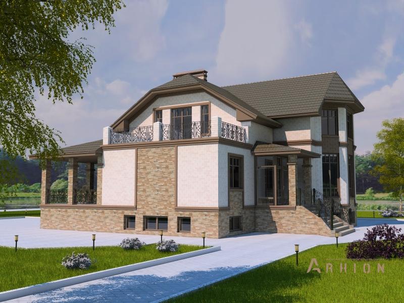 4. Проект одноэтажного дома в немецком стиле с многоскатной кровлей, T-20, площадью - 371 кв c цокольным этажом, мансардой, терассой, балконом, эркером