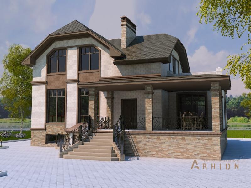 1. Проект одноэтажного дома в немецком стиле с многоскатной кровлей, T-20, площадью - 371 кв c цокольным этажом, мансардой, терассой, балконом, эркером