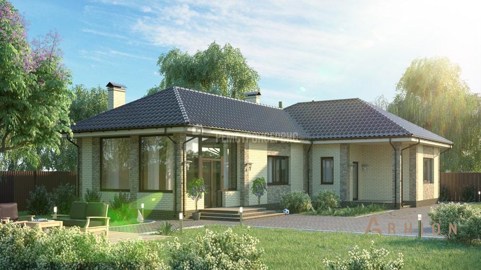 1. Проект одноэтажного дома в современном стиле с четырехскатной, t-21-01, площадью - 106 кв c сауной, терассой