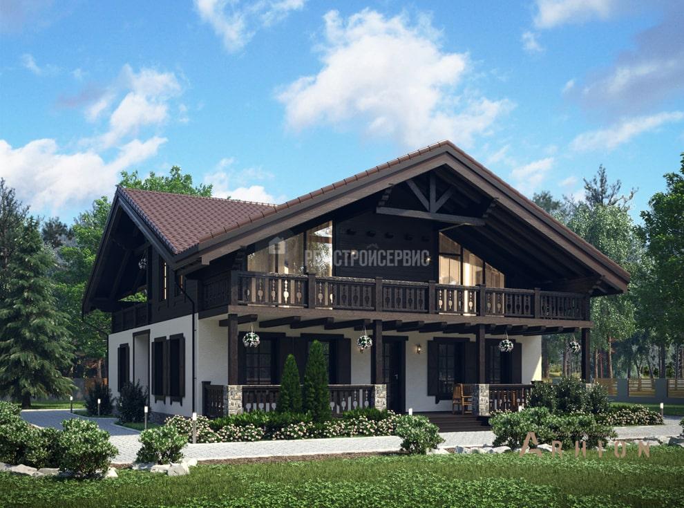 1. Проект одноэтажного дома в стиле шале с многоскатной кровлей, t-22-01, площадью - 187 кв c мансардой, терассой, балконом