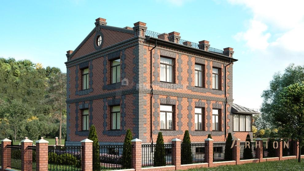 1. Проект двухэтажного дома в замковом стиле с двускатной кровлей, t-23-01, площадью - 213 кв c цокольным этажом, терассой