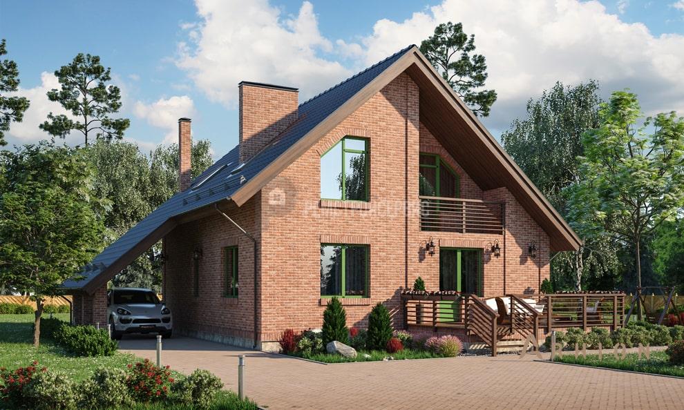 1. Проект одноэтажного дома в европейском стиле с двускатной кровлей, t-26-01, площадью - 146 кв c мансардой, сауной, терассой, балконом, гаражом