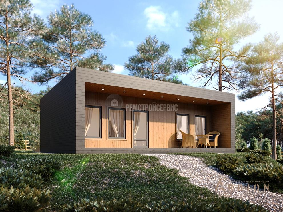 1. Проект одноэтажного дома в стиле хай-тек с плоской кровлей , t-27-01, площадью - 52 кв c терассой