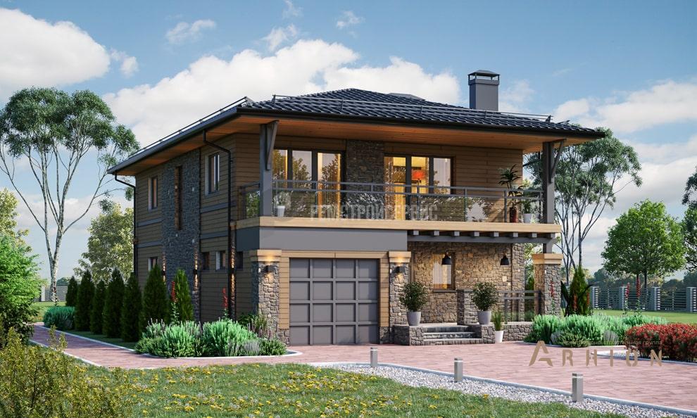 1. Проект двухэтажного дома в современном стиле с четырехскатной, t-28-01, площадью - 144 кв c балконом, гаражом